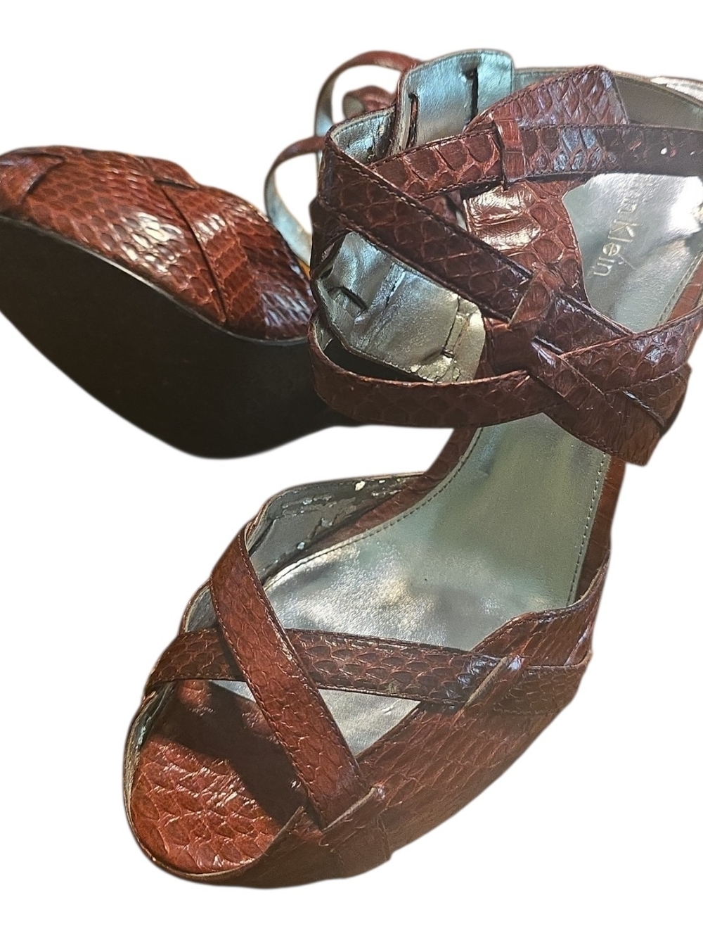 Maroon Croc-Embossed Strappy Wedge Sandals‎ - Calvin Klein